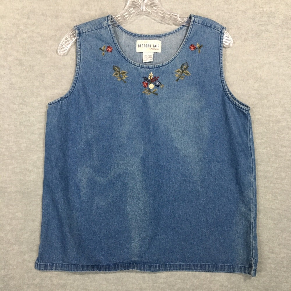 Bedford Fair L Chambray Embroidered Sleeveless Top 90s Acid Wash Granny Core
